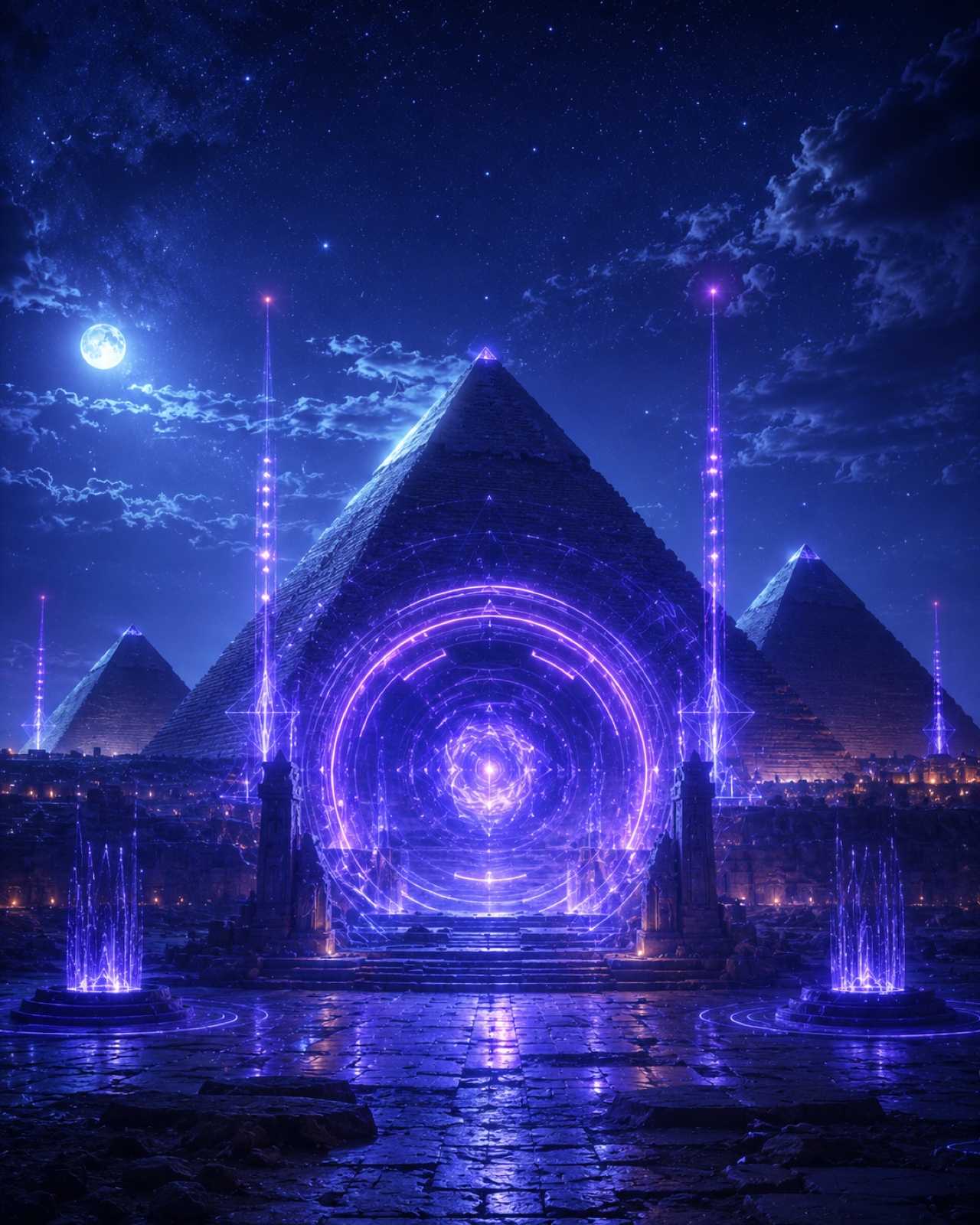A violet portal of light burns between three pyramids under a moonlit night — the threshold of the unbuilt