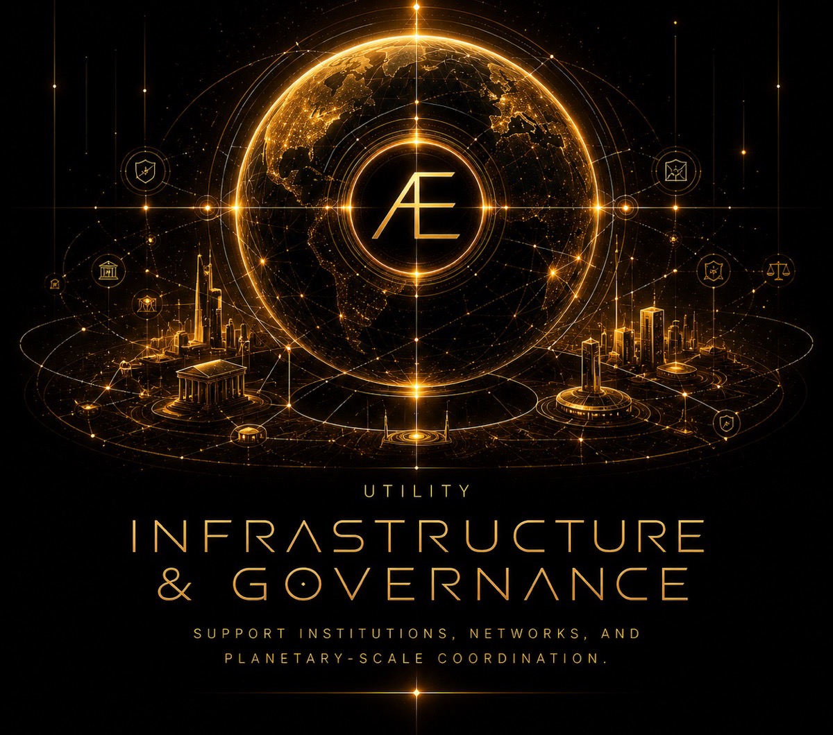 Golden planetary intelligence interface with governance symbols
